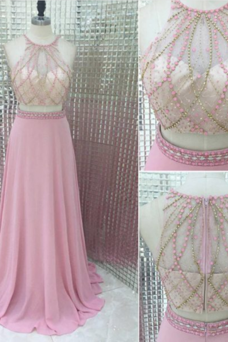 Sexy Sleeveless Prom Dress, Two Piece Beading Prom Dresses, Chiffon Long Party Dress