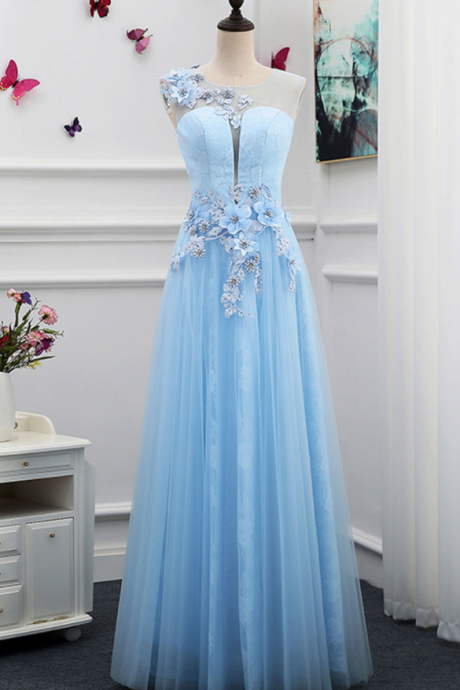 Prom Dresses, Fashion Prom Dresses,unique Light Blue Tulle Floor Length 3d Flower Halter Formal Prom Dresses