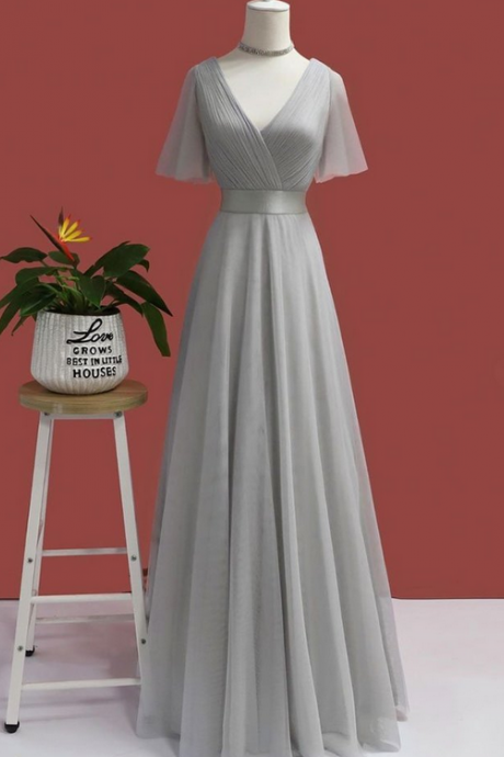Gray V Neck Chiffon Long Prom Dress Simple Evening Dress