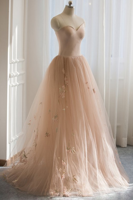 Gorgeous Sweetheart Long A-line Tulle With Embroidery Prom Dresses, Prom Dresses,