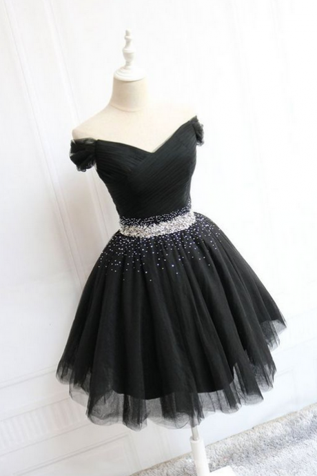 Black Tulle Off Shoulder Short Prom Dress, Black Homecoming Dress