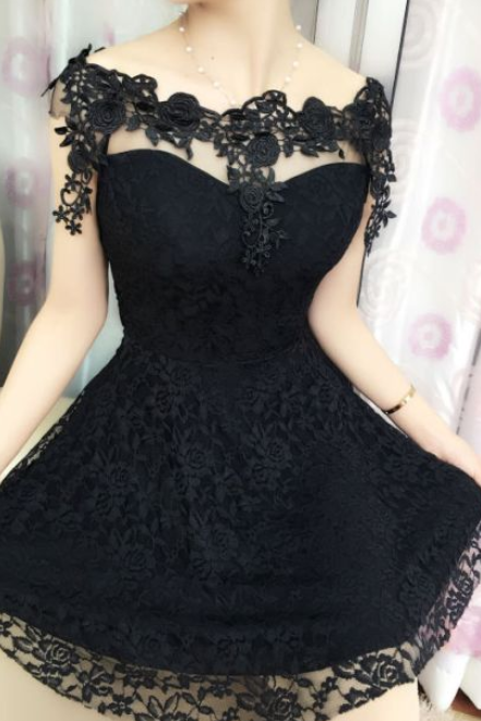 Princess Black Lace Mini Prom Gown, Sexy Short Prom Dress