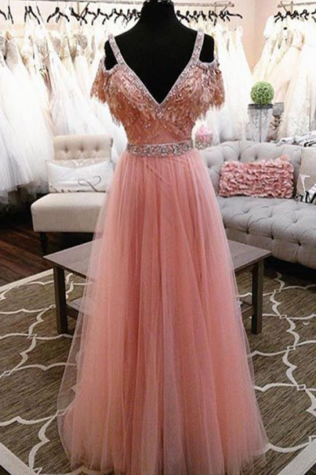 Luxurious A-line Prom Dress,off-shoulder V-neck Pink Prom Dresses,tulle Long Prom Dress With Beading