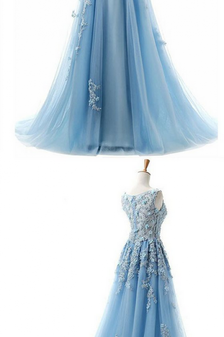 A-line Bateau Court Train Blue Tulle Sleeveless Prom Dress With Appliques