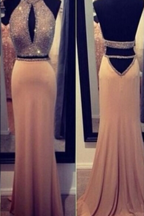 Sexy Blush Pink Halter Beaded Keyhole Mermaid Long Prom Dress, Evening Dress Featuring Open Back
