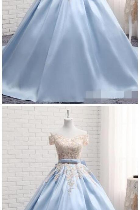 Baby Blue Off The Shoulder Sleeves Prom Dresses, Ball Gown Applique Prom Dress,pearls Bow Ribbon Sweet 16 Dress Evening Gowns