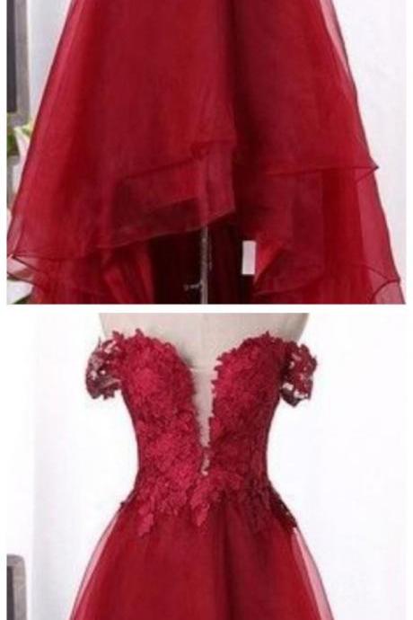 Burgundy High Low Prom Dresses,cocktail Party Dresses, Lace Organza Off Shoulder Sleeves Short Prom Dress, Burgundy Homecoming Party Evening