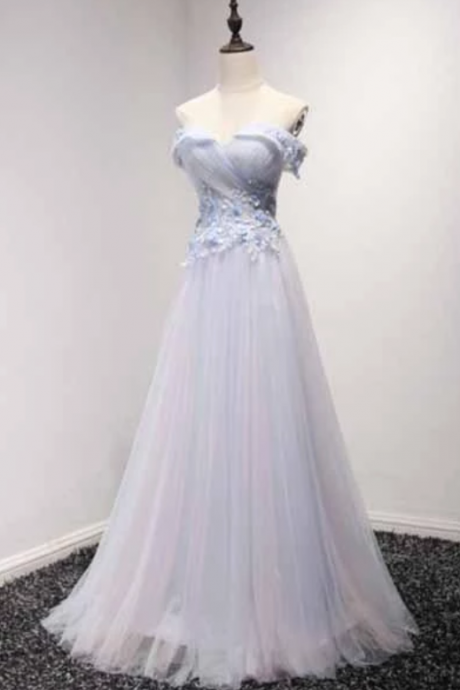 Sky Blue A-line Off-the-shoulder Floor-length Tulle Prom Dresses With Appliques Lace Js955