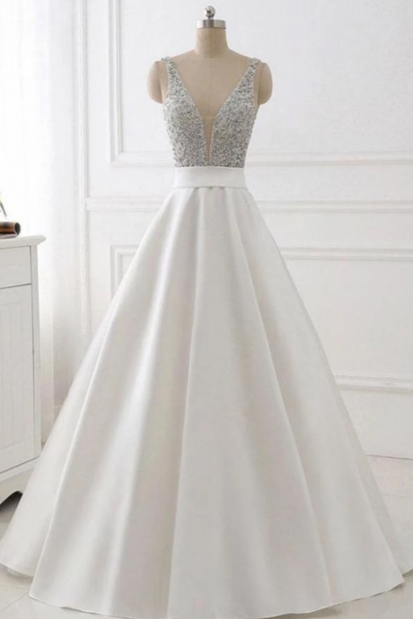 Stunning Ivory A-line V-neck Satin Backless Sleeveless Evening Prom Dress With Beaded Uk Js483 $271.00 $2