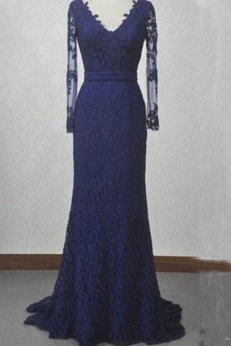 Navy Blue Lace Mermaid Long Sleeves Open Back Floor-length Prom Dresses