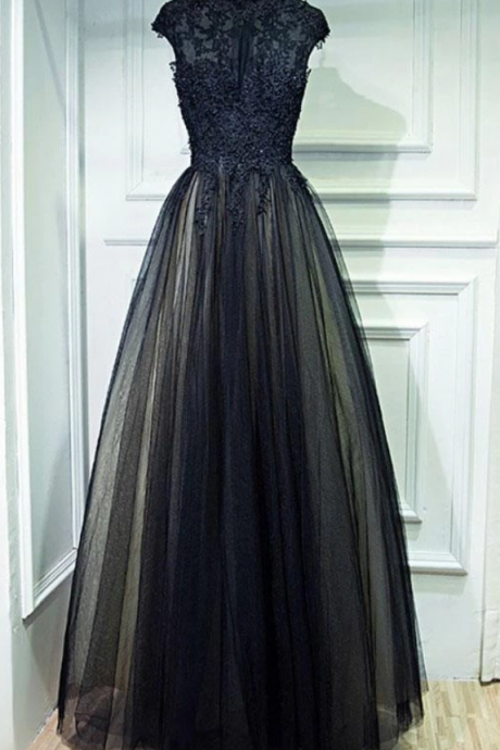 Vintage A Line Chic Long Black Lace Cap Sleeves High Neck Beads Appliques Prom Dresses