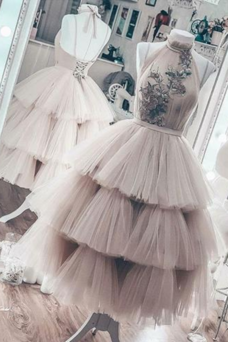 Unique Short Layered Tulle O Neck Backless Short Prom Dress, Homecoming Dress