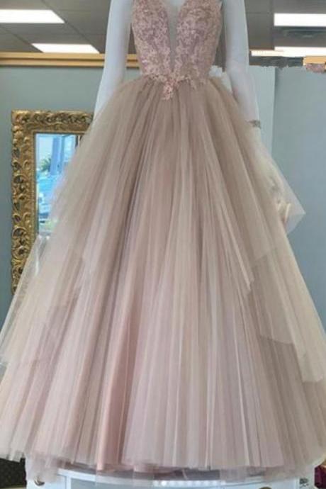 Unique Pink Lace Long Pleated Senior Prom Dress, Sleeveless Tiered Up Evening Dress