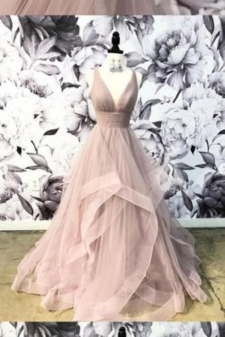 Design Pink Tulle V Neck Ruffles Skirt Long Backless Evening Dress, Senior Prom Dress