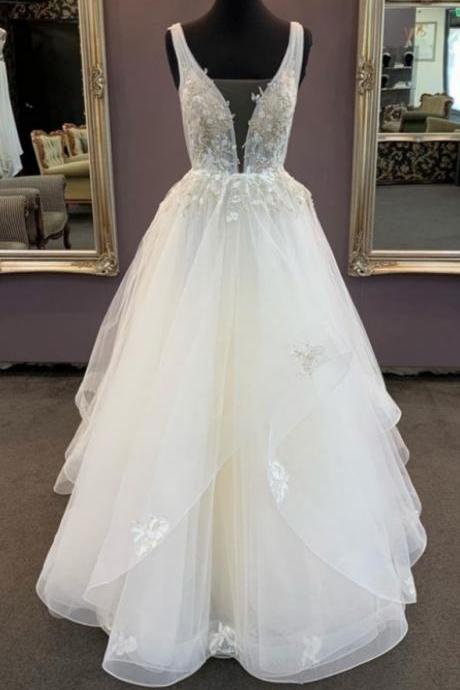 White Tulle V Neck Long Lace Formal Prom Dress, Simple Lace Up Wedding Dress