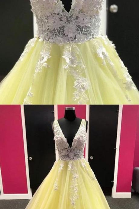 Yellow Tulle V Neck White 3D Lace Flower Long Lace Up Pageant Prom Dress