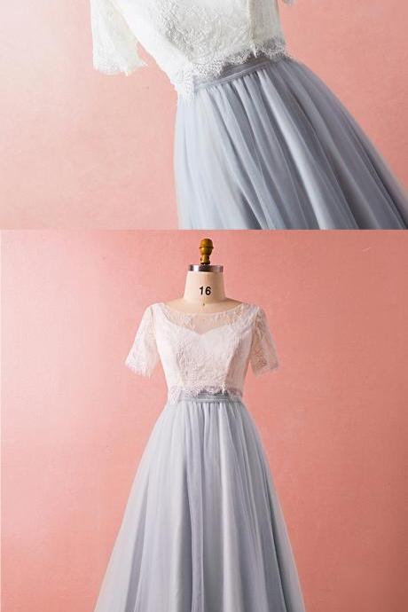 White Lace Short Sleeve Long Gray Tulle Evening Dress, Formal Dress