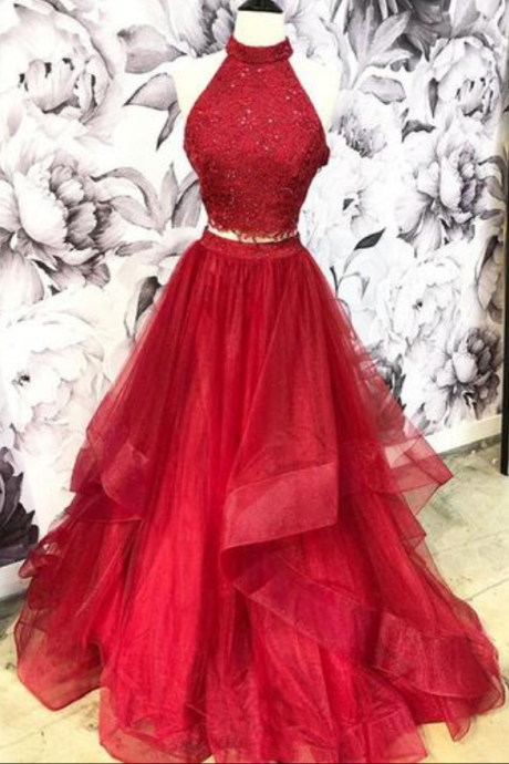 Burgundy Tulle Two Pieces Lace Long Prom Dress, Evening Dress