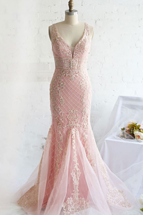 Pink Tulle Long Mermaid Open Back Halter Evening Dress, Lace Prom Dress