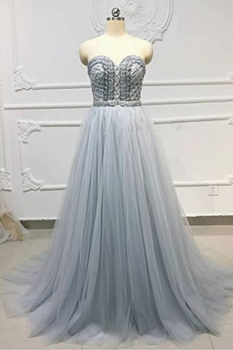 Sweetheart Neck Gray Tulle Crystal Beads Long Evening Dress, Senior Prom Dress