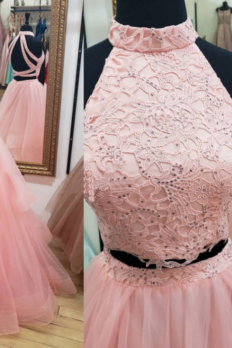 Pink Tulle Two Piece Cross Back Long Two Piece Prom Dress, Lace Homecoming Dress