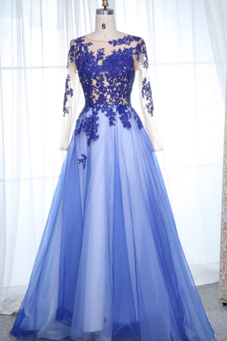 Royal Blue Lace Open Back Long Sleeve Prom Dress, Evening Dress