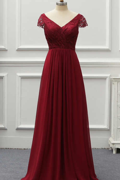 Burgundy Lace Cap Sleeve V Neck Long Chiffon Prom Dress, Formal Dress