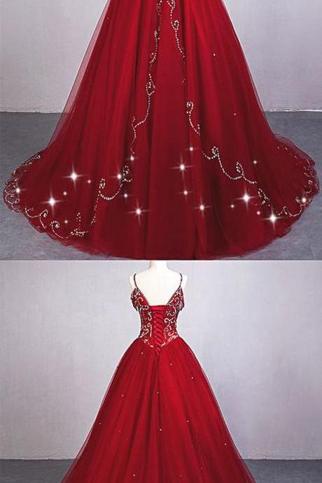 Burgundy Tulle Spaghetti Straps High Waistline Sequined Long Quinceanera Dress, Ball Gown