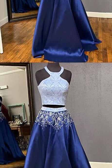 Royal Blue Satin Two Piece Long Open Back Prom Dress, Beaded Evening Dress