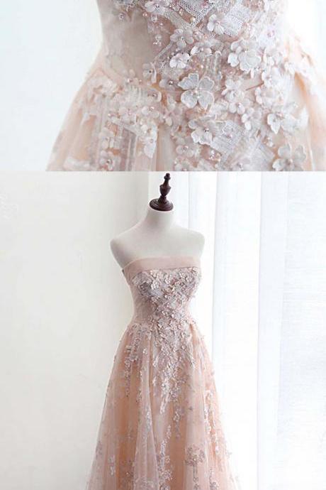 Pink Tulle Strapless Lace Long A Line Prom Dress, Evening Dress