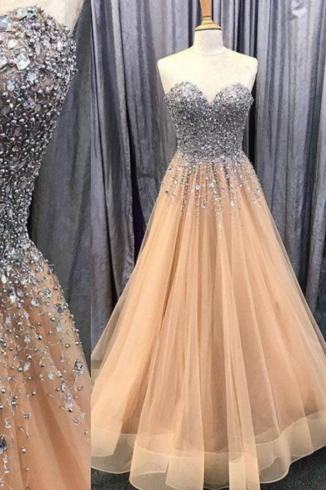 Champagne Tulle Beaded Long Formal Prom Dress, Evening Dress