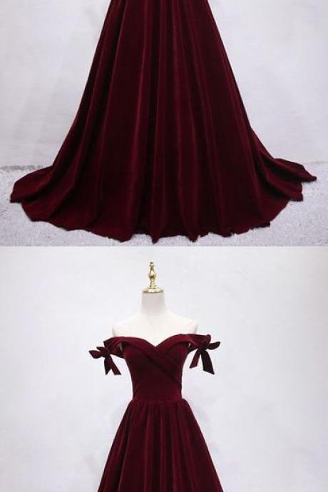 Simple Burgundy Satin Off Shoulder Long Prom Dress, Evening Dress