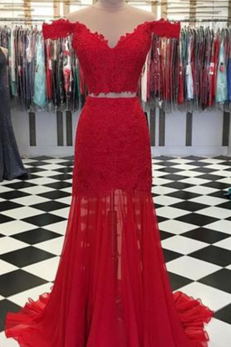 Red Lace Off Shoulder Two Piece Long Prom Dress, Red Evening Dress