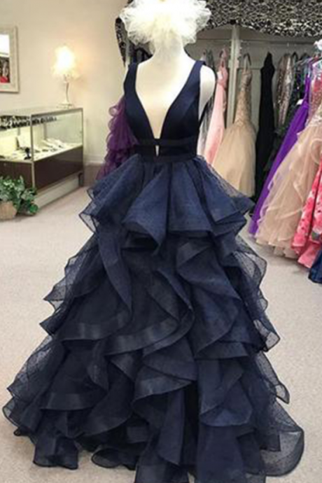 Navy Blue V Neck Long Layered Evening Dress, Senior Prom Dress