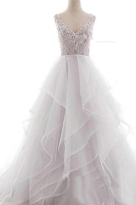 White Tulle Open Back Beaded Long Layered Wedding Dress With Applique