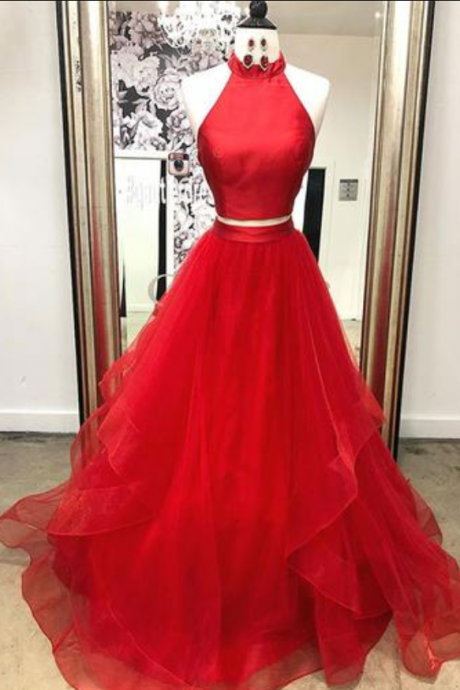 Red Tulle Satin Two Pieces Long Layered Prom Dress, Red Evening Dress