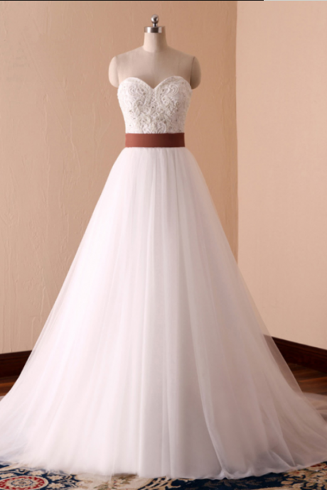 Strapless White Tulle Long Lace A Line Wedding Dress, Evening Dress