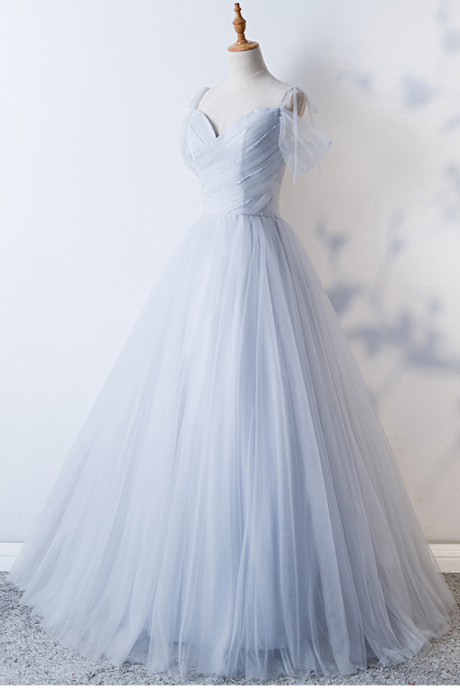Light Blue Tulle Crystal Sweetheart Long Prom Dress