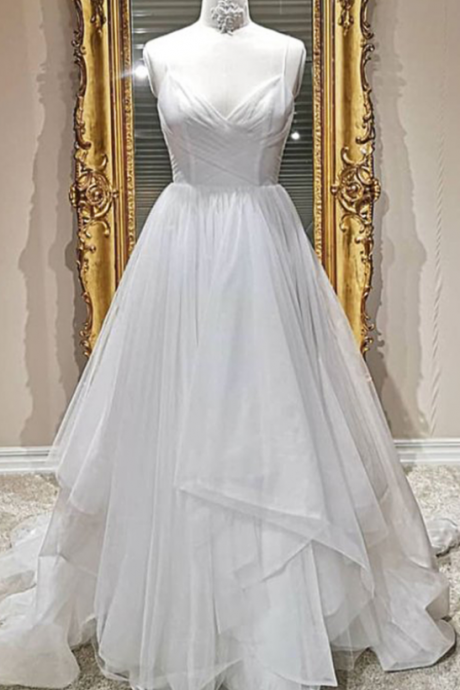 Simple White Tulle V Neck Spaghetti Straps Long Prom Dress, White Evening Dress