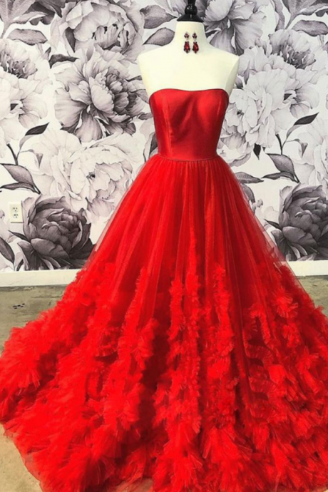 Red Tulle Strapless Long Ruffles Sweet Prom Dress, Red Evening Dress