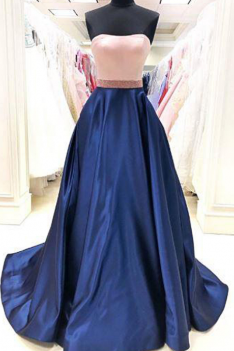 Simple Blue Satin Strapless Long A Line Prom Dress, Long Party Dress