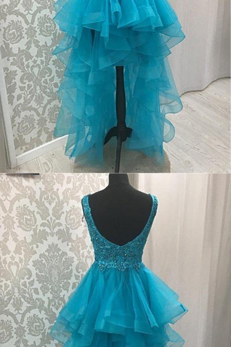 Blue Tulle V Neck High Low Beaded Lace Prom Dress, Homecoming Dress