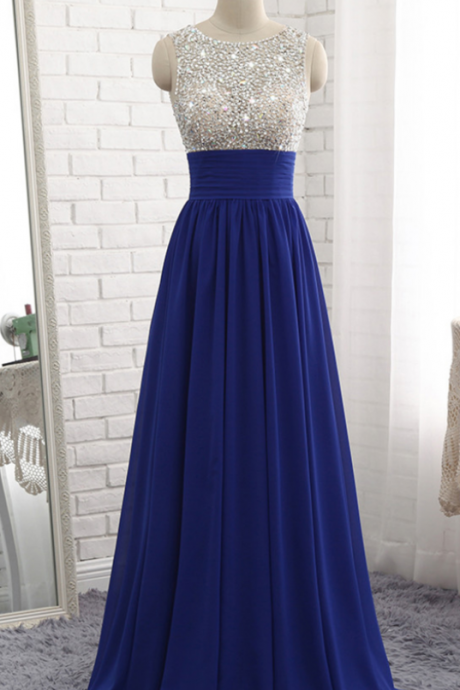 Royal Blue Chiffon Sequined Long A Line Prom Dress, Bridesmaid Dress