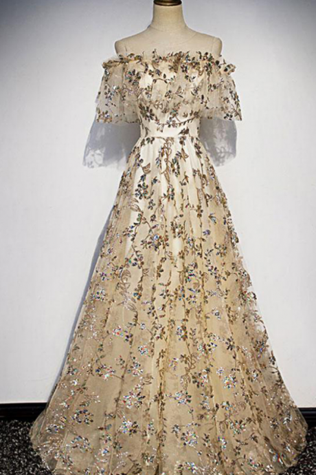 Gold Floral Printed Lace Off Shoulder Long Evening Dress, Prom Dress