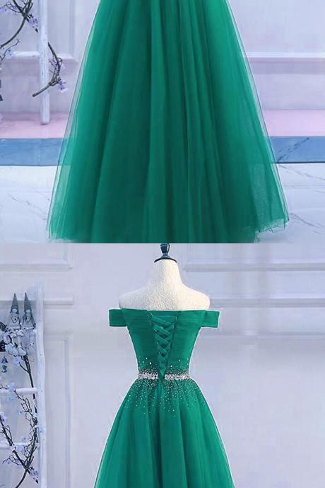 Green Tulle Off Shoulder Long A Line Prom Dress, Sequined Evening Dress