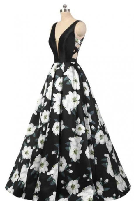 Black And White 3d Floral Print Long Prom Dress, Evening Dress