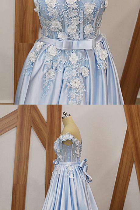 Baby Blue Satin Off Shoulder Long Sweetheart Senior Prom Dress With Applique
