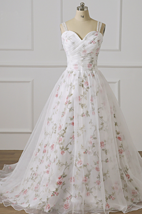 White Floral Tulle Sweetheart Neck Long Formal Prom Dress, Evening Dress