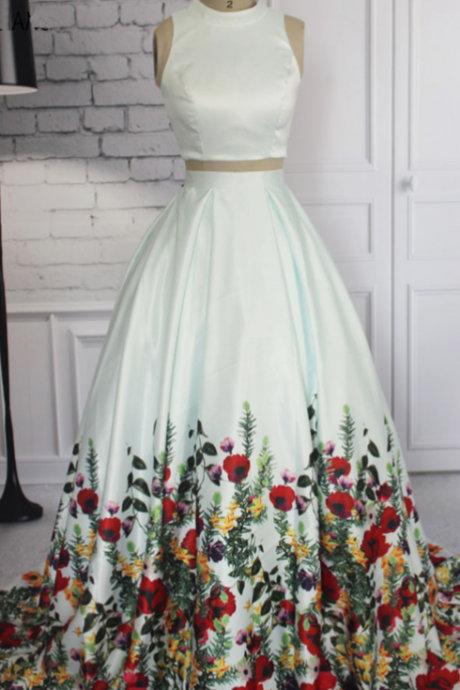 White Satin Two Pieces Floral Long Prom Dress, Homecoming Dress