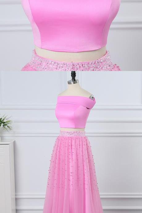 Pink Satin Tulle Two Pieces Strapless Long Beaded Prom Dress, Homecoming Dress